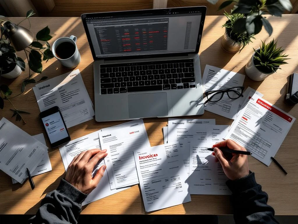 Kantoorbureau met onbetaalde facturen, laptop met rode betalingsherinneringen en smartphone met notificaties