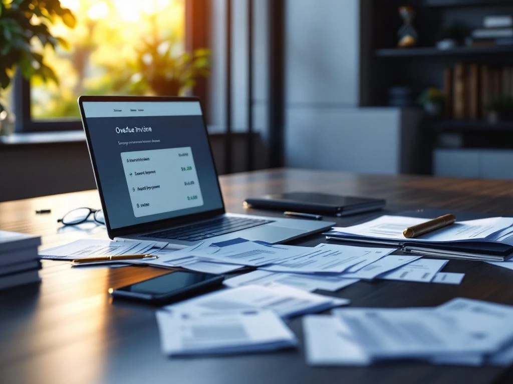 Modern bureau met achterstallige facturen, laptop met betalingsherinnering en smartphone met gemiste meldingen op bureau