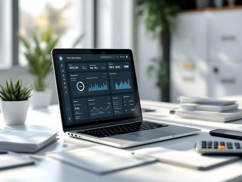Modern bureau met laptop die financiële dashboards toont, facturen, smartphone met betalingsmeldingen en calculator