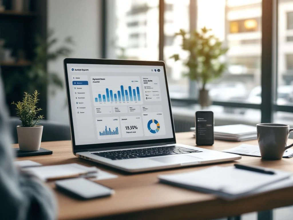 Laptop met geautomatiseerd betalingsdashboard op houten bureau naast financiële documenten en smartphone in modern kantoor