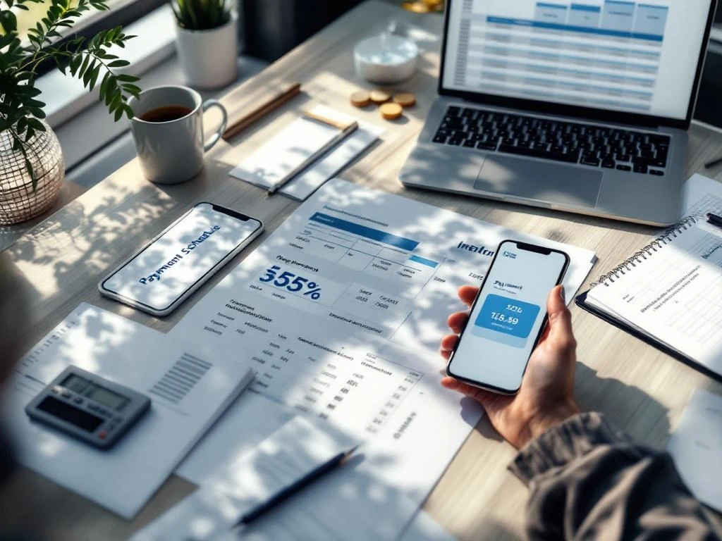 Bureautafel van bovenaf met financiële documenten, rekenmachine, smartphone met betalingsschema en laptop met spreadsheet