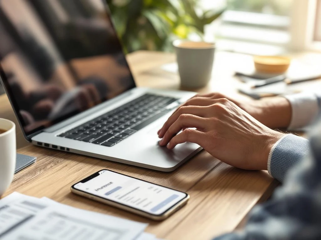 Handen typen op laptop toetsenbord naast smartphone met betalingsnotificatie op houten bureau met facturen