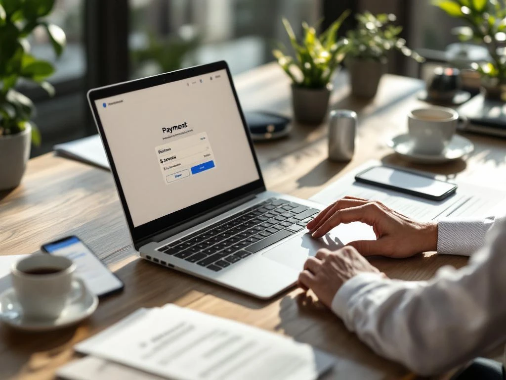 Persoon typt op laptop met betalingsinterface op modern bureau met documenten en smartphone in kantooromgeving