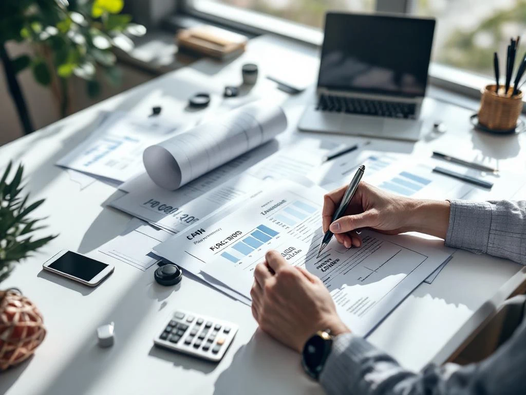 Handen bekijken financiële documenten op bureau met laptop met betalingsschema's en smartphone voor financiële planning