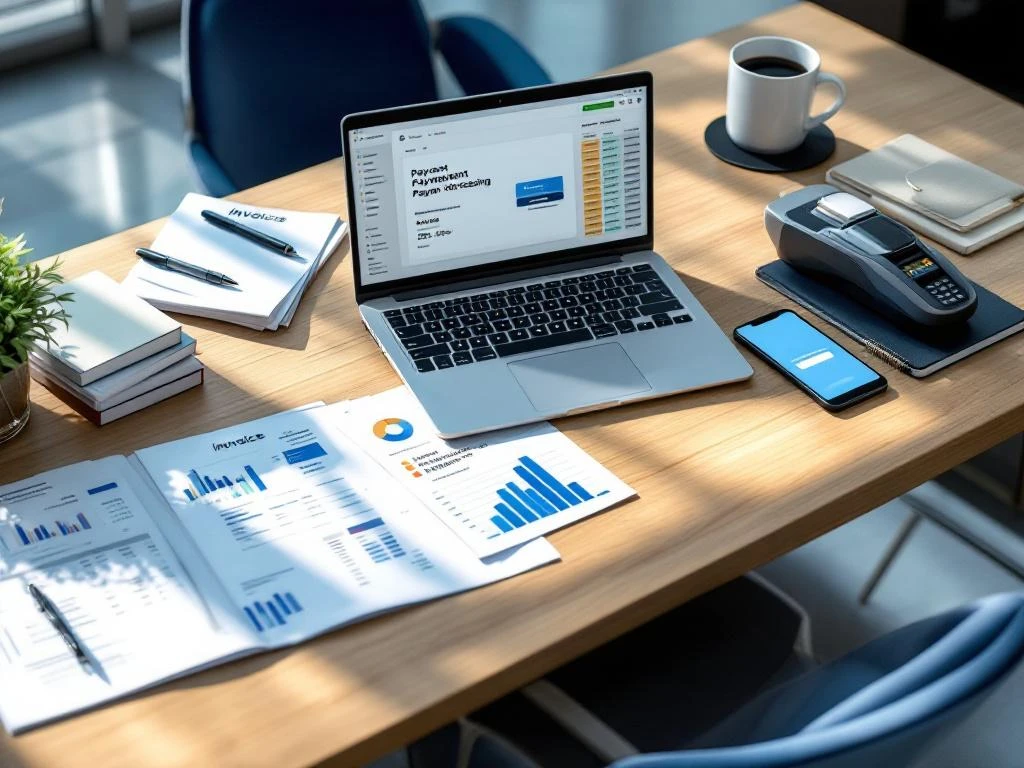 Moderne kantoorwerkplek van bovenaf met financiële documenten, laptop met betalingsinterface en smartphone op bureau