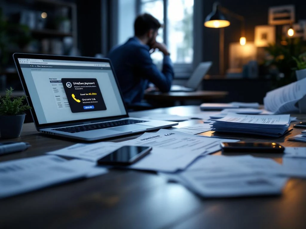 Zakenbureau met onbetaalde facturen, laptop met betalingsherinneringen en bezorgde ondernemer die documenten bekijkt