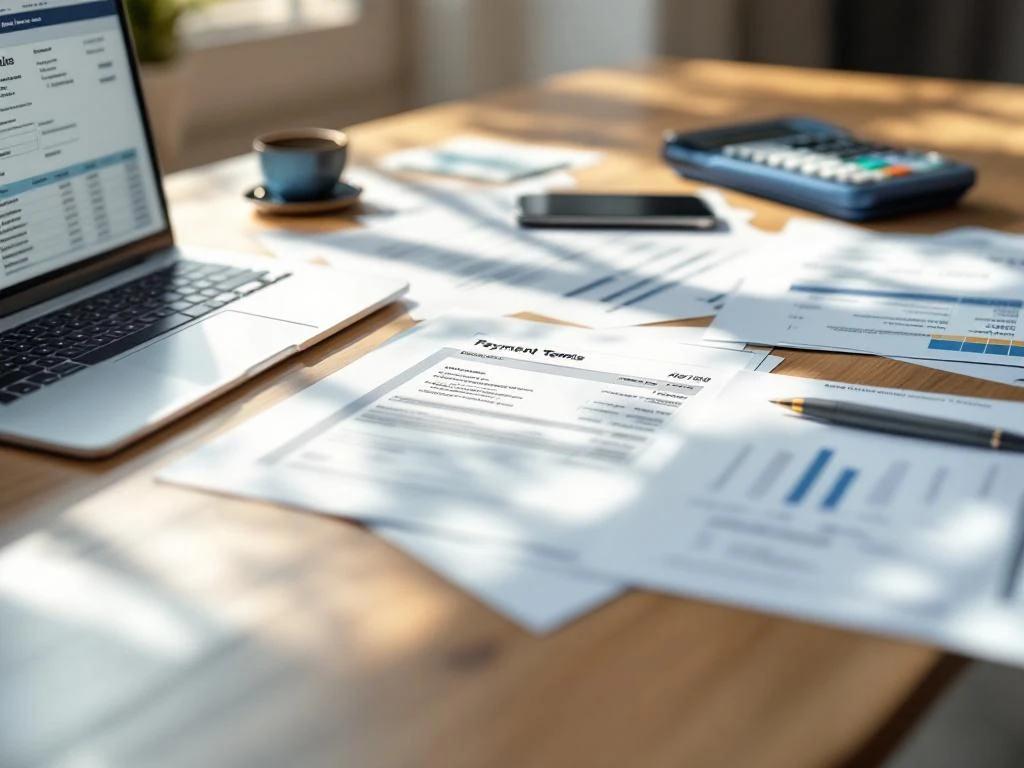 Moderne kantoorbureau met financiële documenten, facturen en laptop met spreadsheet voor betalingsbeheer