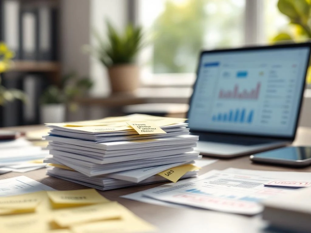 Kantoorbureau met documenten, gele notities, rode stempels en laptop met betalingsdashboard voor financieel beheer