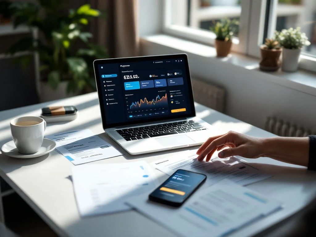 Moderne werkplek met laptop met betalingsdashboard, facturen, smartphone en hand die documenten beheert