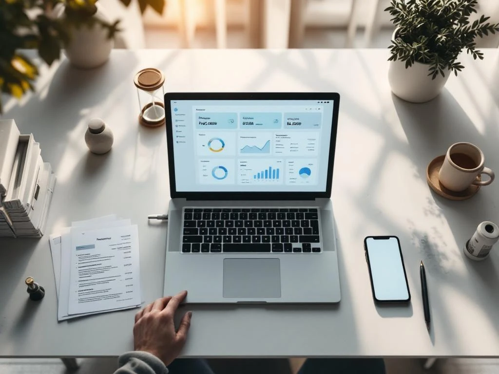 Moderne bureauopstelling met laptop met betaaldashboard, facturen, smartphone met bankapp en zandloper op bureau