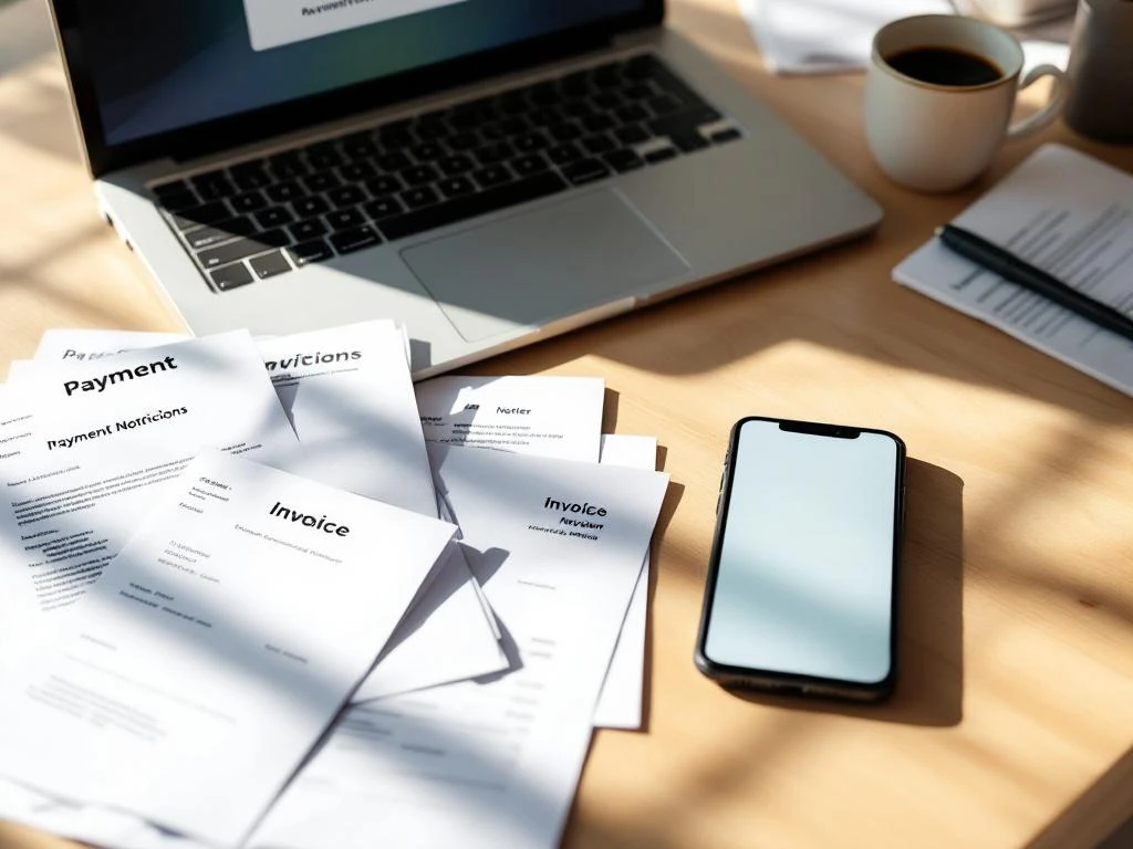 Professioneel bureau met laptop, smartphone betalings-app, facturen en herinneringsbrieven in natuurlijk daglicht