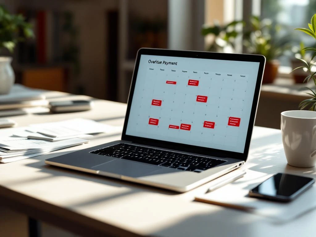 Laptop met kalender-app toont achterstallige betalingen in rood, omringd door facturen en herinneringsbrieven op bureau
