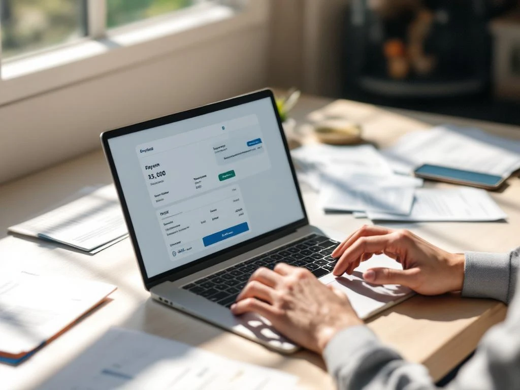 Persoon typt op laptop met betalingsinterface op modern bureau met facturen, smartphone en natuurlijk licht
