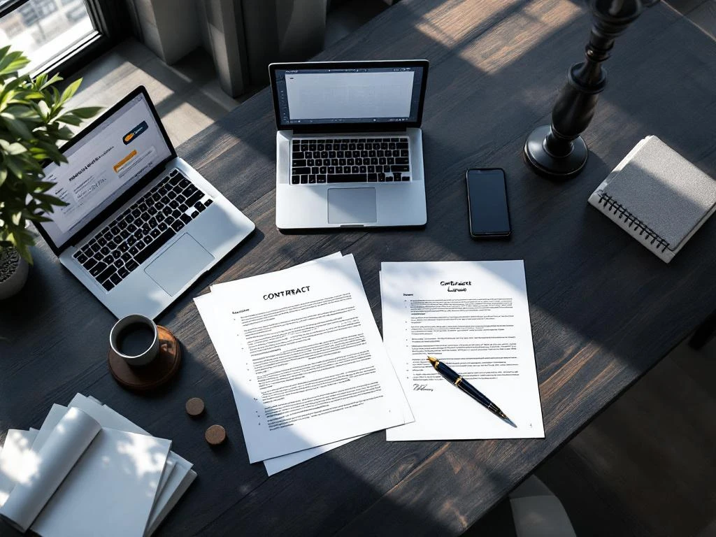 Bovenaanzicht van modern bureau met juridische documenten, laptop met betaalinterface en vulpen op donker hout