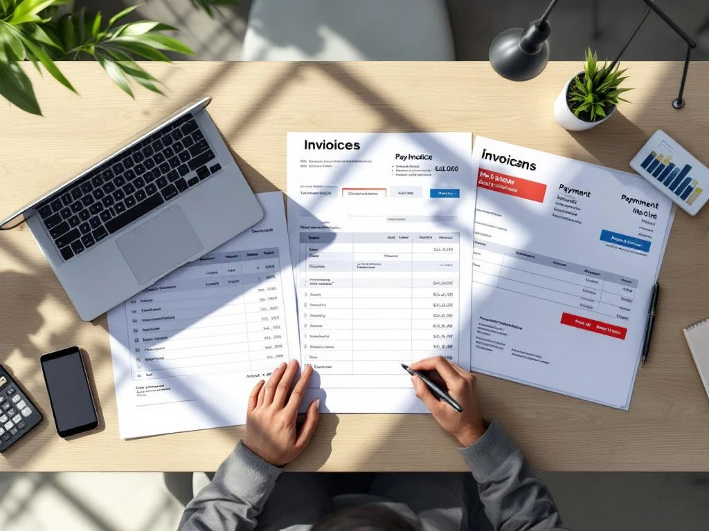 Modern kantoorbureau van bovenaf met facturen, laptop met betalingsdashboard, smartphone en rekenmachine voor financieel beheer