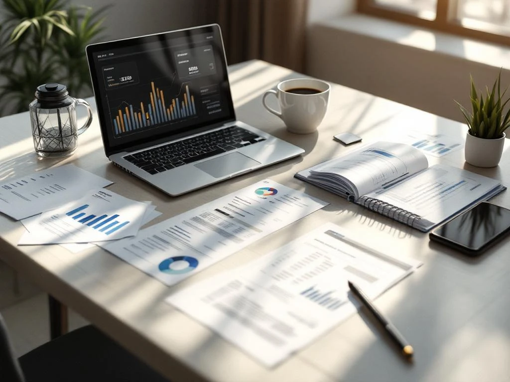 Modern bureau met financiële documenten, laptop met grafieken en smartphone op georganiseerd werkblad bij natuurlijk licht