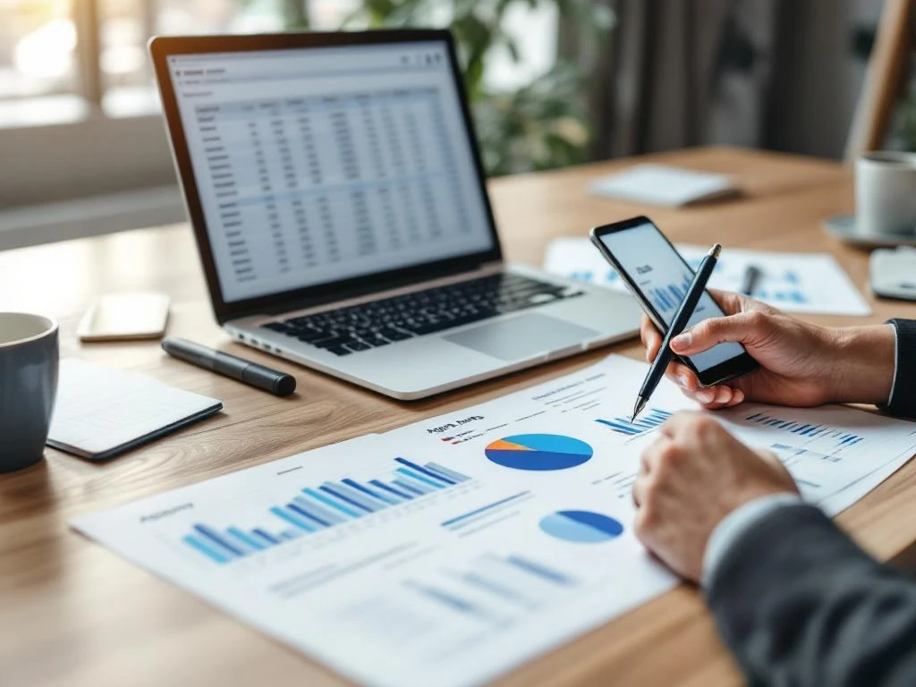Handen bekijken financiële documenten en debiteuren rapporten op houten bureau met laptop en smartphone