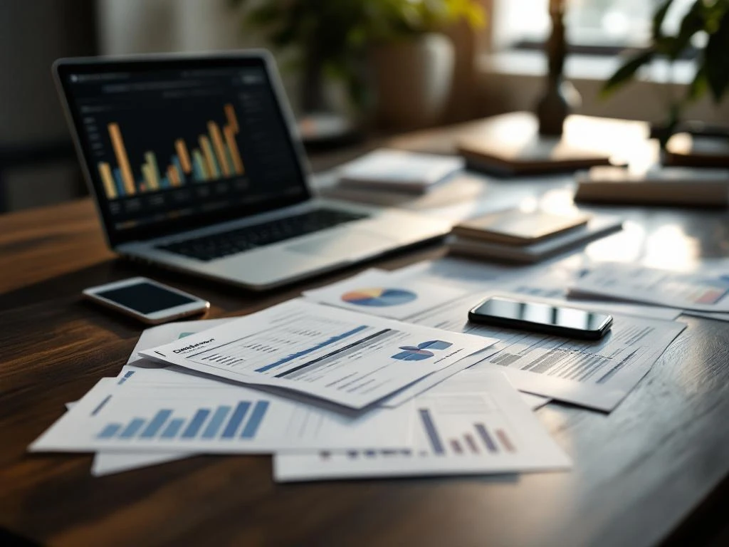 Moderne kantoorbureau met financiële documenten, laptop met spreadsheet en smartphone in professionele werkomgeving