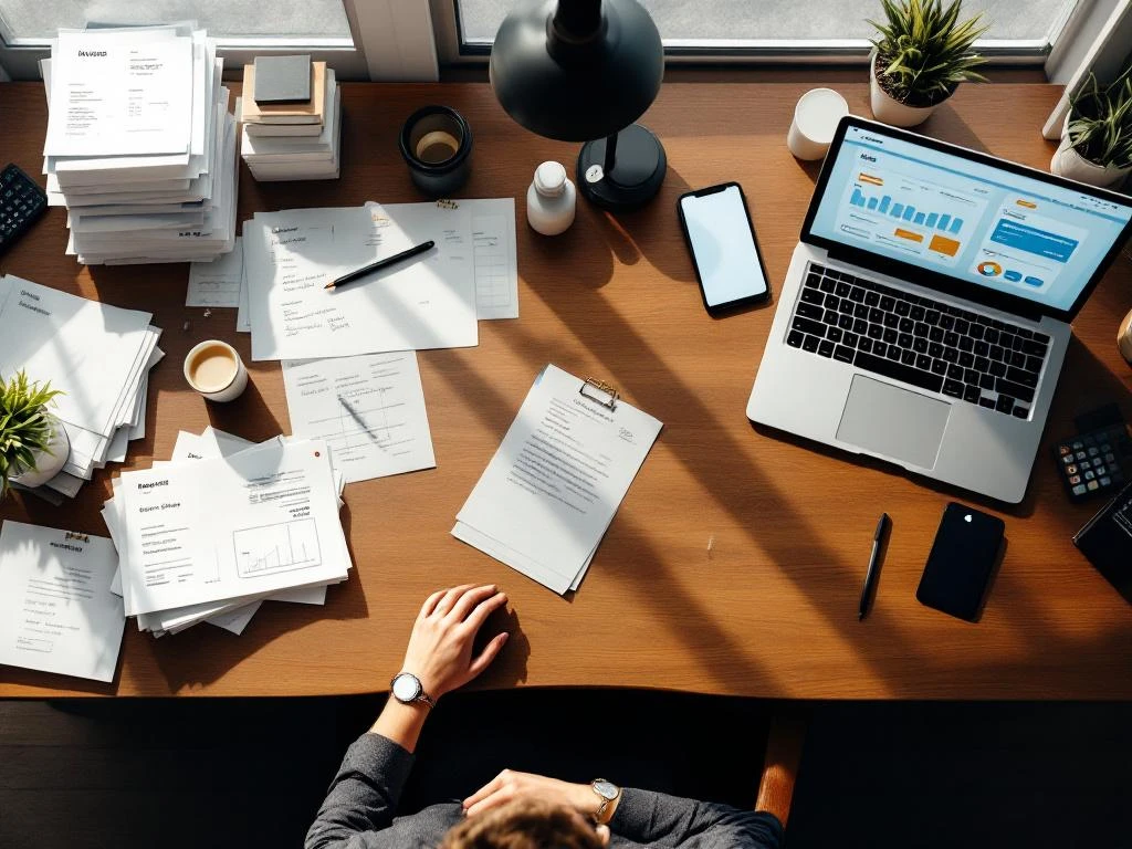 Bovenaanzicht modern bureau met papieren facturen en calculator links, laptop met digitale betalingsinterfaces rechts