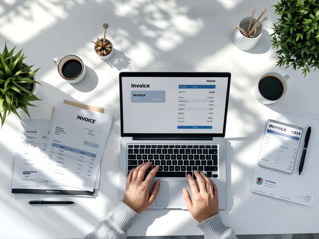 Moderne kantoorwerkplek met laptop, digitale factuur op scherm, papieren documenten en smartphone met betaalnotificatie