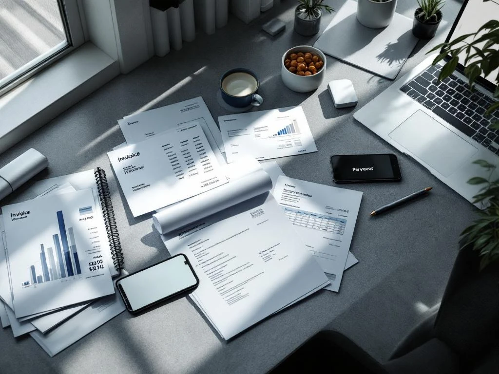 Kantoorbureau met georganiseerde financiële documenten, laptop met spreadsheet en smartphone met betaalnotificatie