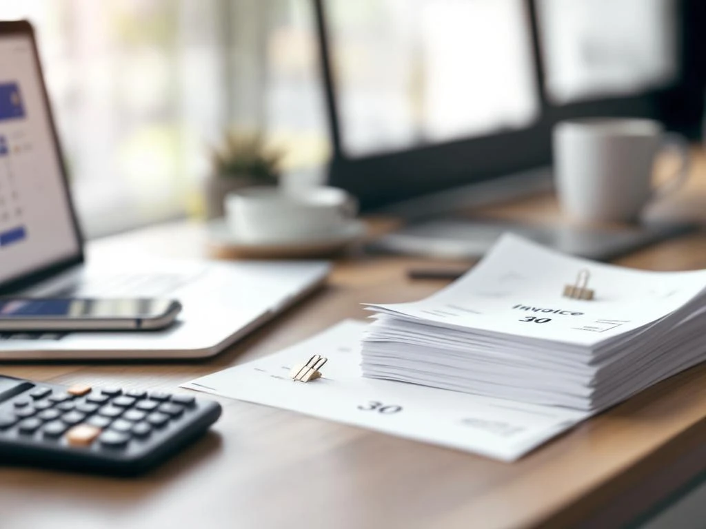 Modern bureau met laptop met betalingsinterface, smartphone, factuurstapels gemarkeerd 14 en 30, rekenmachine en koffiekop