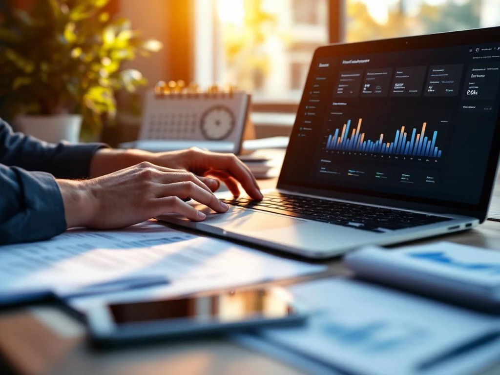 Professionele handen typen op laptop met digitaal factuur dashboard, omringd door financiële documenten op kantoorbureau
