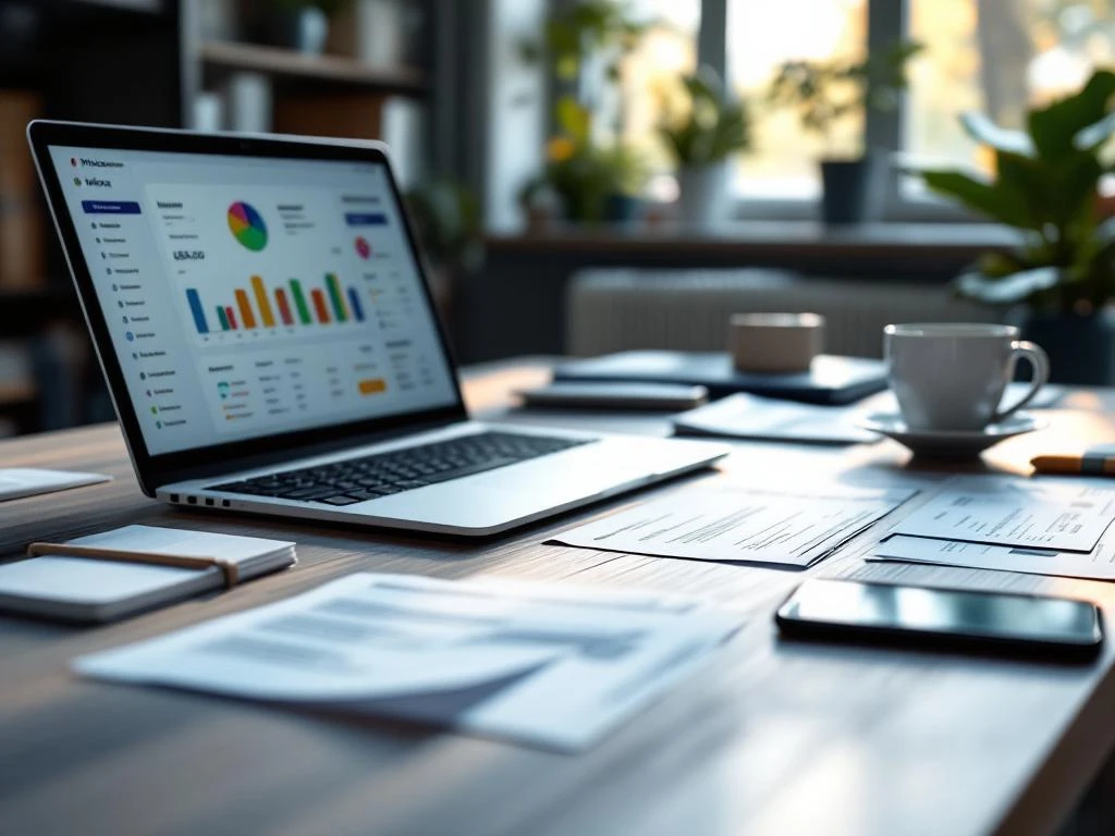 Moderne kantoorwerkplek met laptop, facturen en betalingsherinneringen op bureau bij natuurlijk licht