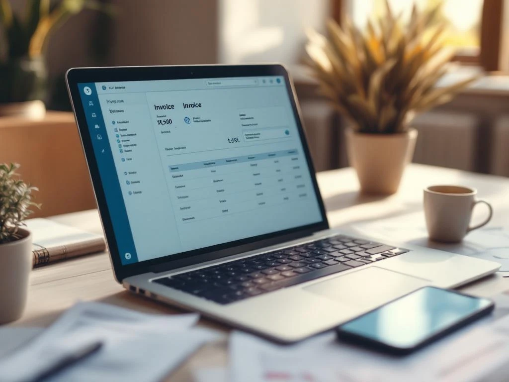 Laptop met factuurinterface op modern bureau naast documenten en smartphone met betalingsmelding in natuurlijk licht