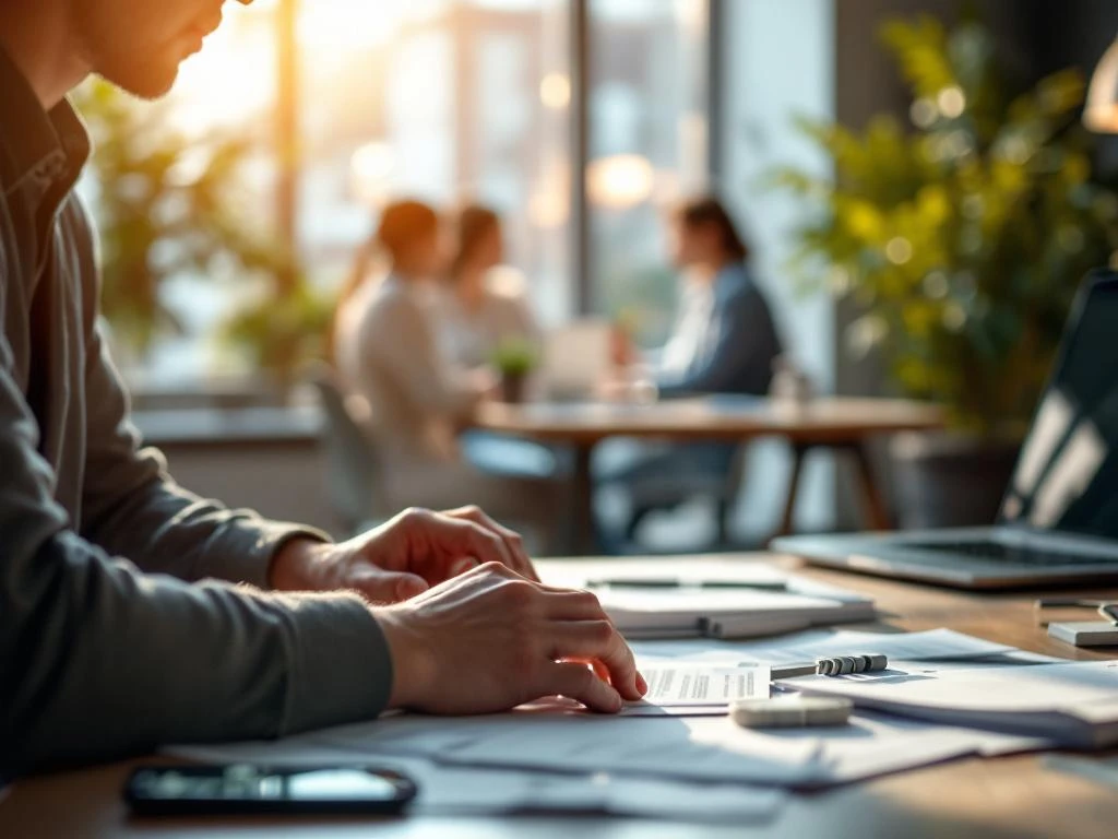Laptop en smartphone met betalingsapp op opgeruimd bureau met facturen, kantoormedewerkers op achtergrond