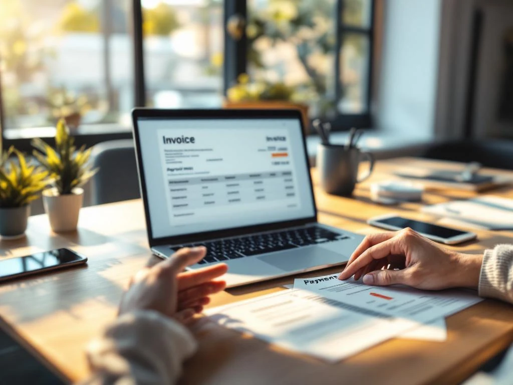 Professionele handen bij laptop met factuur-interface en betalingsherinneringen op modern kantoorbureau