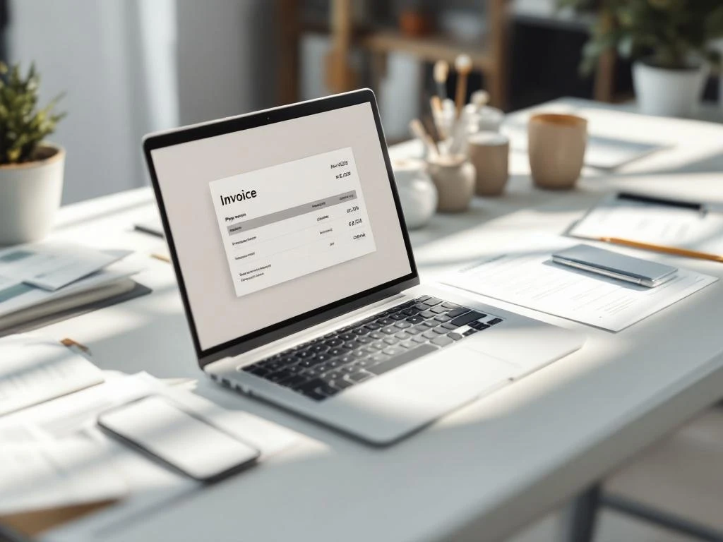 Moderne kantoorwerkplek met laptop met factuur, smartphone met betaalnotificatie en georganiseerde financiële documenten
