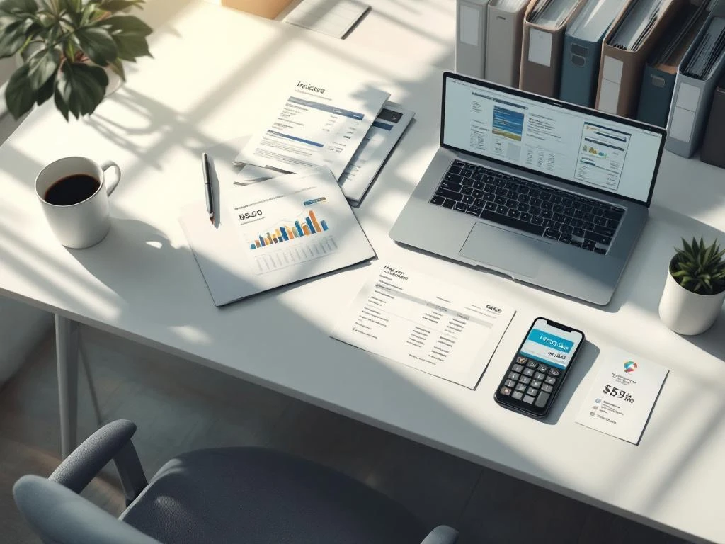 Modern bureau met laptop met financiële spreadsheets, rekeningen, smartphone, rekenmachine en koffiekop in natuurlijk licht