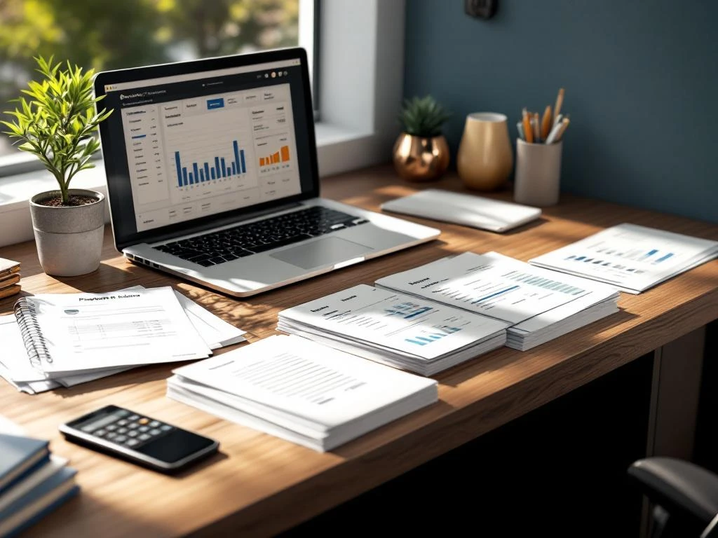 Modern kantoorbureau met financiële documenten, laptop met boekhouddashboard, calculator en smartphone in natuurlijk licht