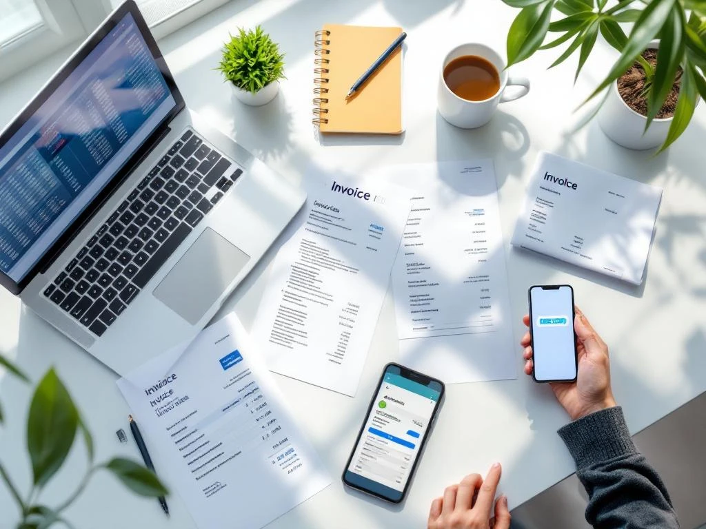 Bovenaanzicht van modern bureau met financiële documenten, laptop met spreadsheet en smartphone met betaalnotificatie