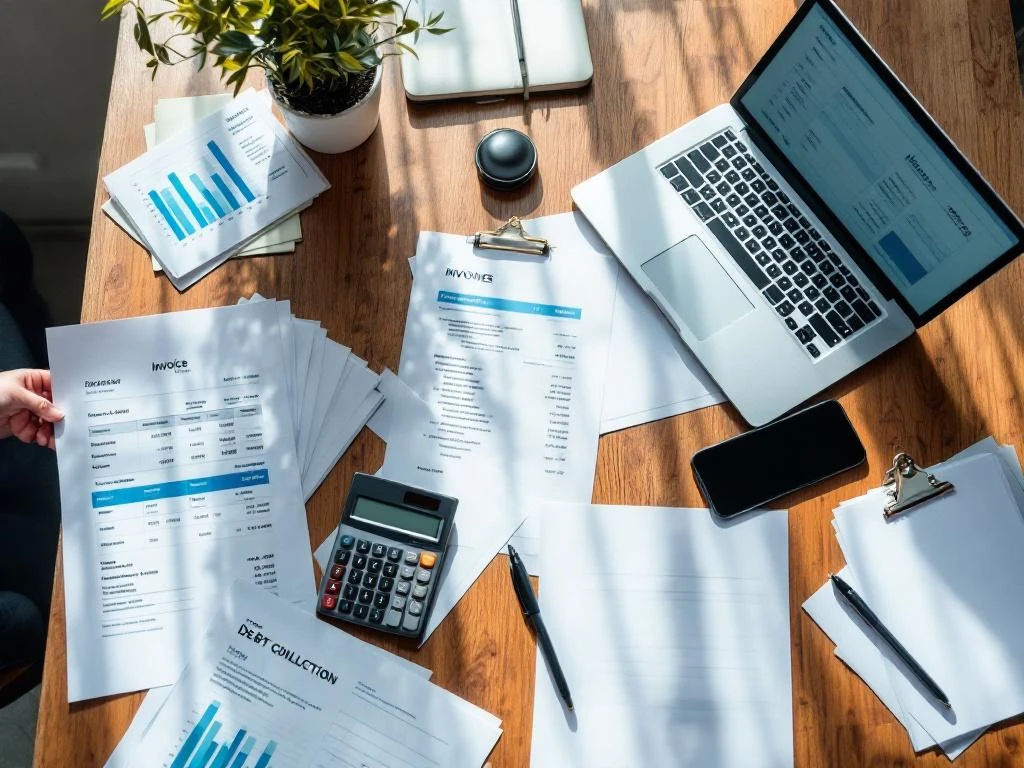 Bovenaanzicht van professioneel bureau met financiële documenten, laptop met spreadsheet, calculator en smartphone