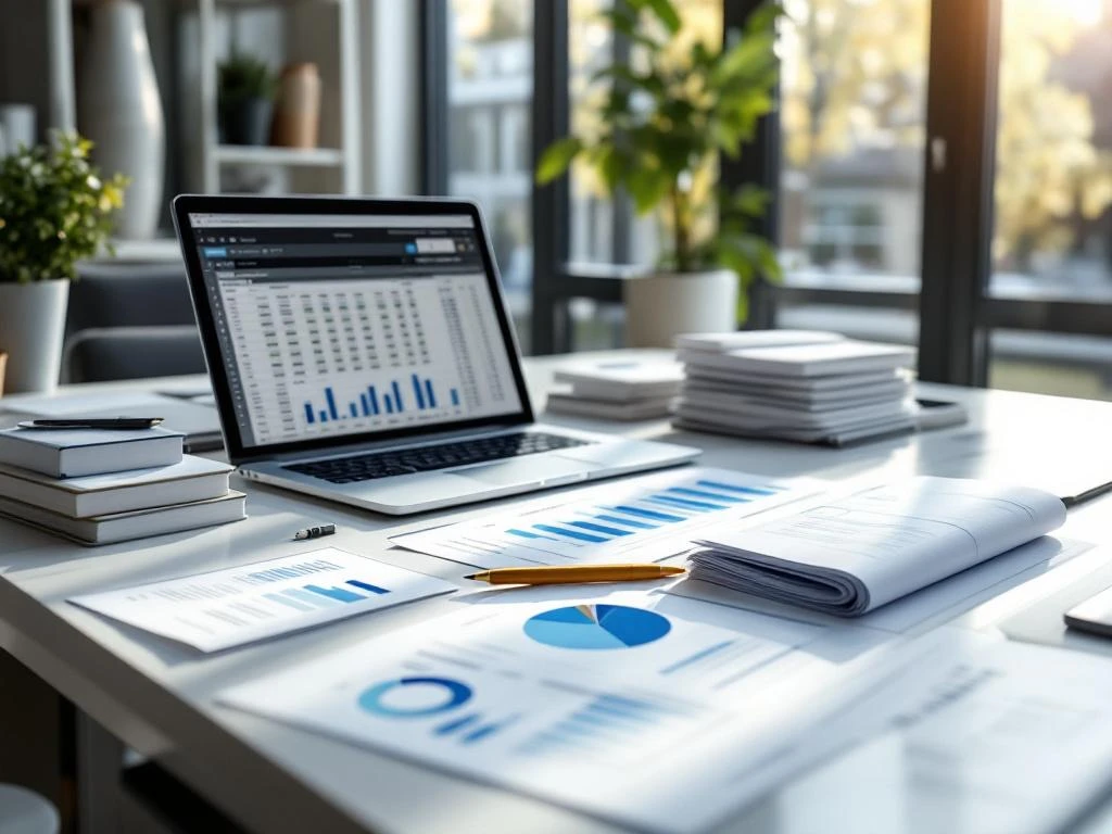 Moderne werkplek met georganiseerde financiële documenten, laptop met spreadsheetgegevens en nette stapels facturen