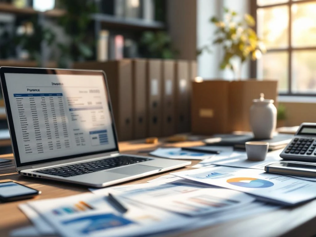 Modern kantoorbureau met financiële documenten, laptop met spreadsheet en smartphone met betalingsmeldingen