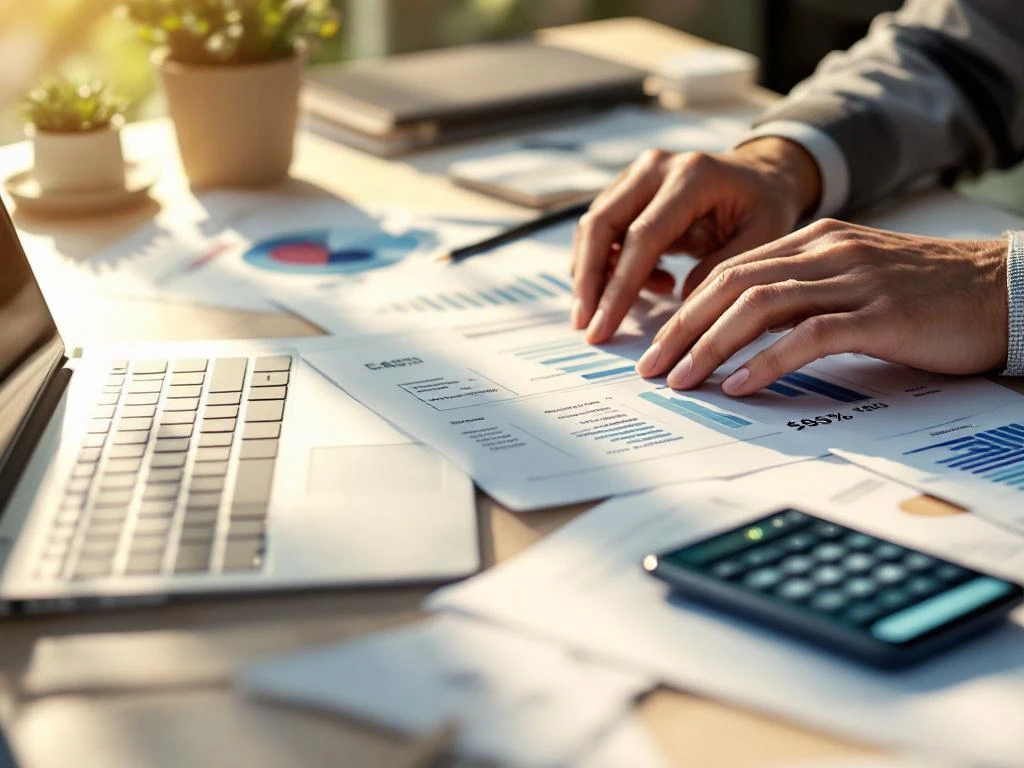 Zakelijke handen typen op laptop met financiële grafieken, rekenmachine en smartphone op modern bureau