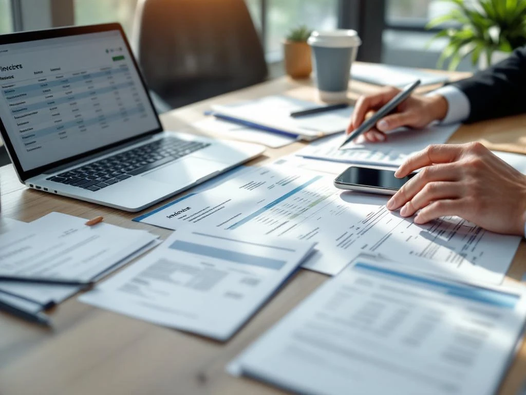 Professionele handen typen op laptop met financiële documenten en facturen op modern bureau voor schuldbeheer