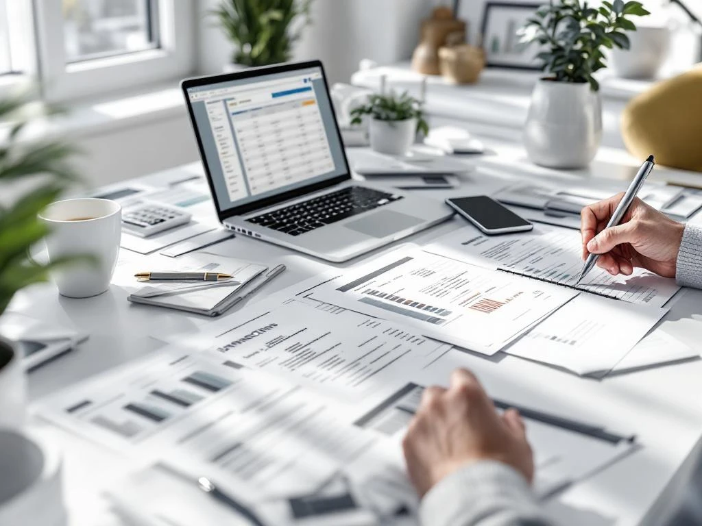 Modern bureaubureau met financiële documenten, laptop met spreadsheet, rekenmachine en koffiekopje in daglicht
