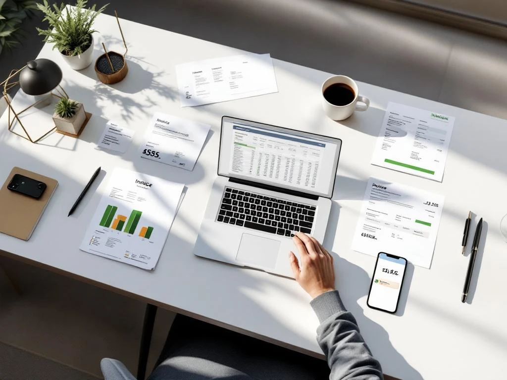 Modern bureaubureau van bovenaf met laptop met financiële spreadsheets, facturen, betalingsdocumenten en smartphone