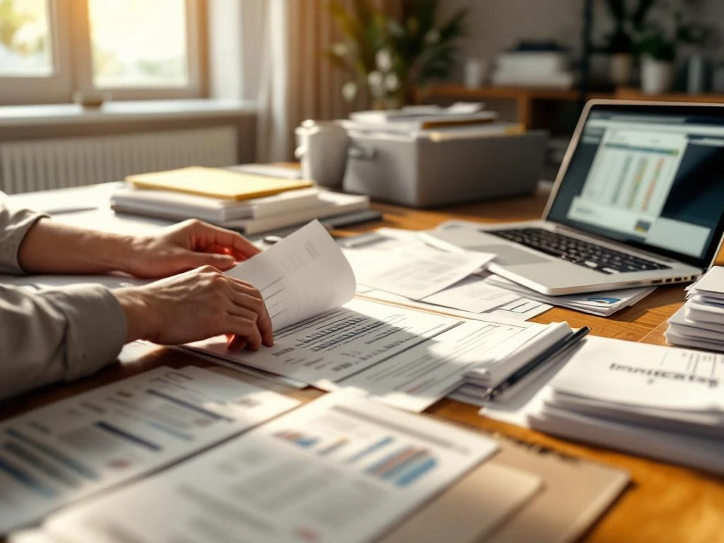 Professionele handen sorteren financiële documenten en facturen op georganiseerd kantoorbureau met laptop