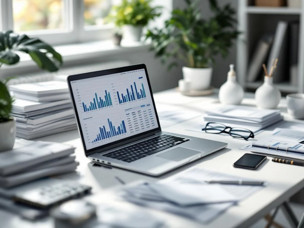 Moderne bureauruimte met laptop met financiële grafieken, facturen en smartphone met betalingsmeldingen op wit bureau