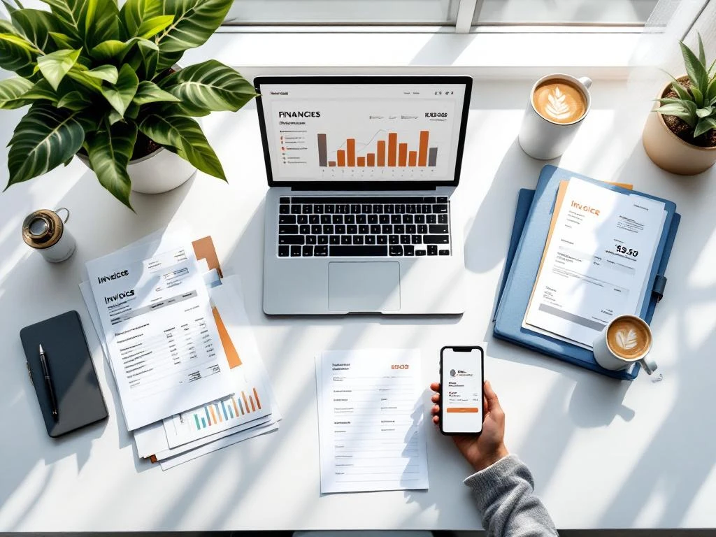 Moderne kantoorwerkplek met laptop met financiële dashboards, facturen, smartphone met betaal-app en koffiekop