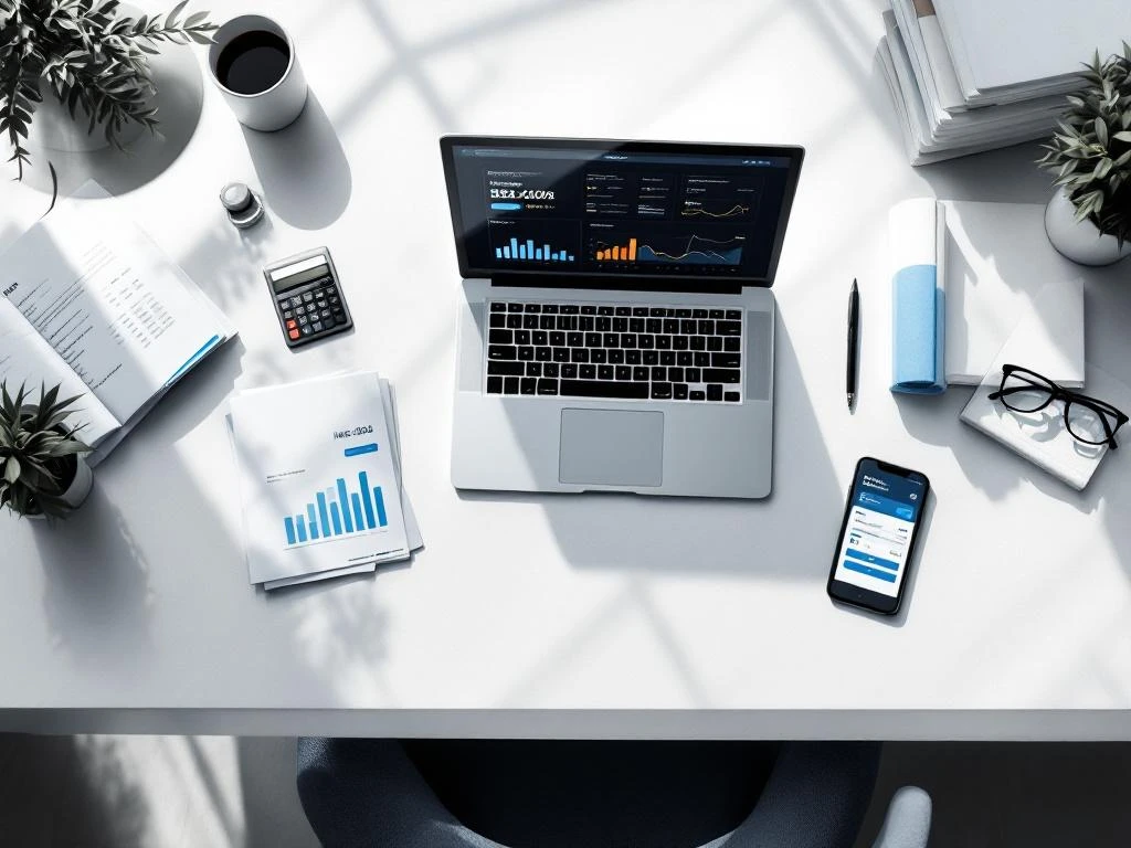 Moderne bureauopstelling met laptop met financiële dashboards, smartphone met betaal-app, documenten en rekenmachine