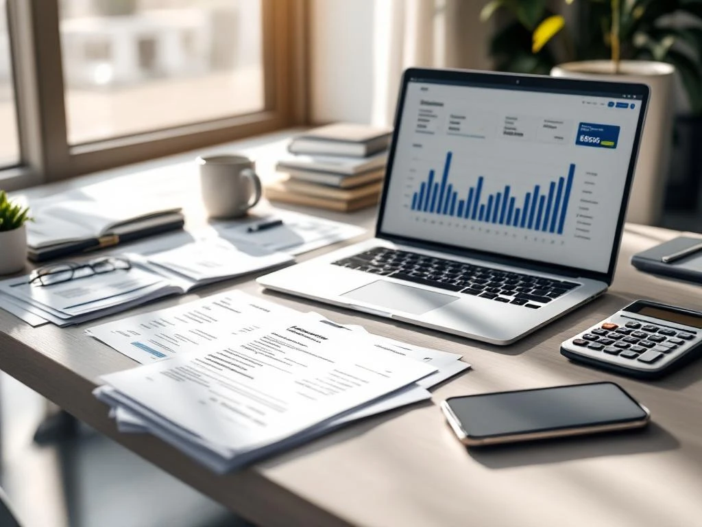 Modern kantoorbureau met laptop met financiële dashboards, facturen, smartphone met betaalnotificatie en rekenmachine