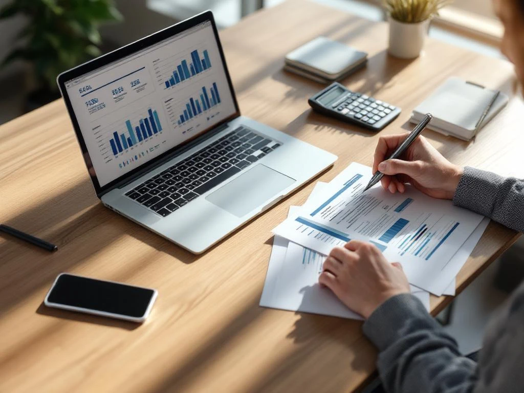 Persoon schrijft financiële notities aan bureau met laptop, spreadsheets, calculator en documenten in modern kantoor