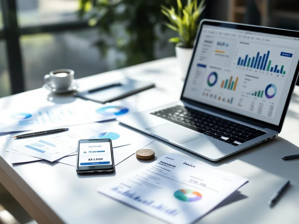 Laptop met financiële spreadsheets en grafieken op modern bureau met facturen en smartphone met betaalnotificatie