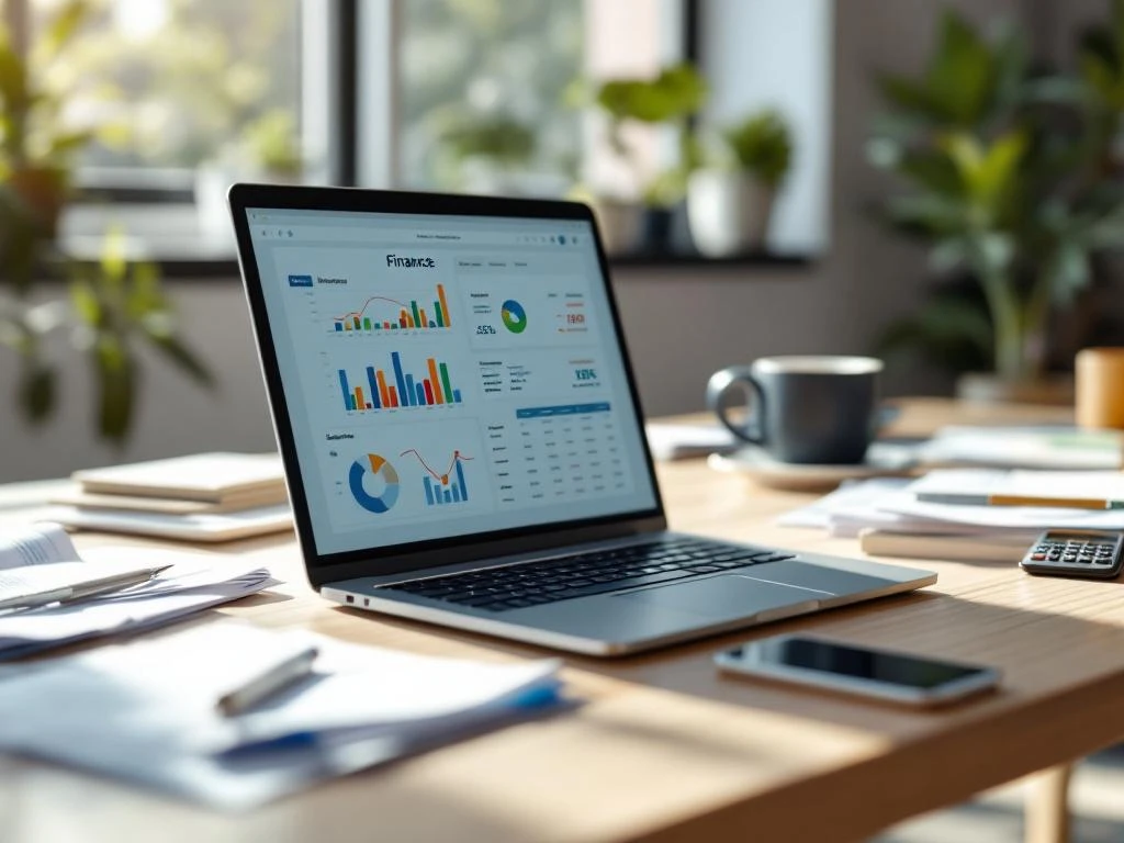 Laptop met financiële grafieken en spreadsheets op modern bureau met rekenmachine, facturen en smartphone